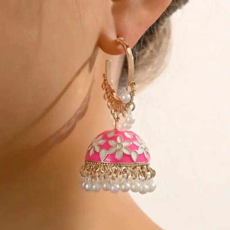 Faux Pearl Pendant Hoop Earrings with Drip Oil Flower Decor Pink & White Pearl Beads for Women Daily Wear Festivals Weddings Parties