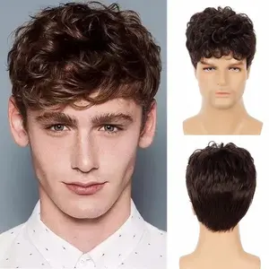 Men's Synthetic Full Machine Wig, Short Curly Full Headgear, Natural Realistic Breathable Fluffy Wig, Wigs