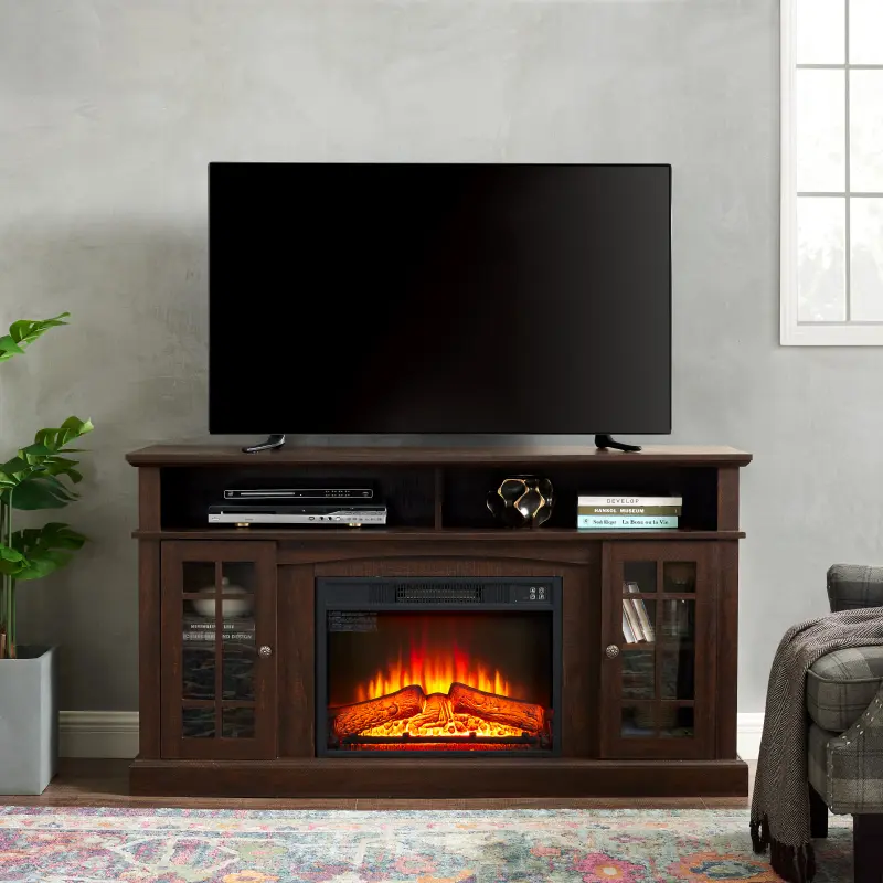 Espresso High-End TV Media Stand - Modern 58.25''W*15.75''D*32''H Entertainment Console for 65'' Max TV, 23'' Insert with Realistic Fireplace Charm, Open/Closed Storage, 100.31 lbs, Living Room Furniture