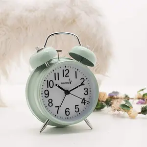 4-in-1 Circular Metal Tabletop Alarm Clock - Old-Fashioned Loud Twin Bell, Illuminated Backlight, Switch, Mint Green Home Decoration, Screenless Sound-Based Shaped Alarm Clock for Deep Sleepers, Illuminated Alarm Clocks