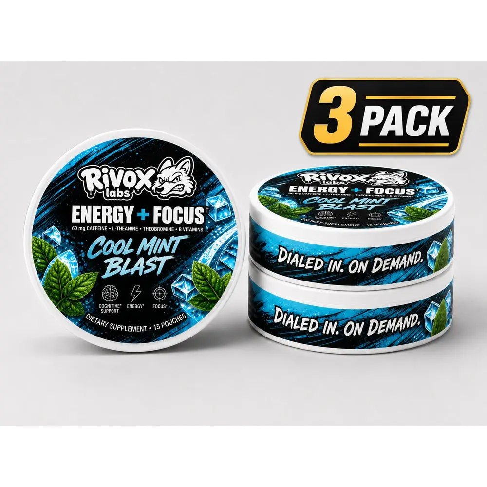 Rivox Focus Pouches – Cool Mint 3 Pack | Zero-Nicotine Energy + Focus, Caffeine + L-Theanine (No Crash)