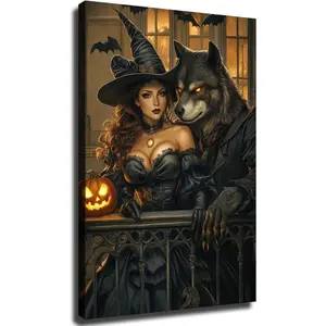 A beautiful plump woman wearing a witch hat and a werewolf - Halloween Poster HD Canvas Printing Wall Art Decor Aesthetics For Living Room Bedroom kitchen bar Background Decor (08x12inch-Unframed)