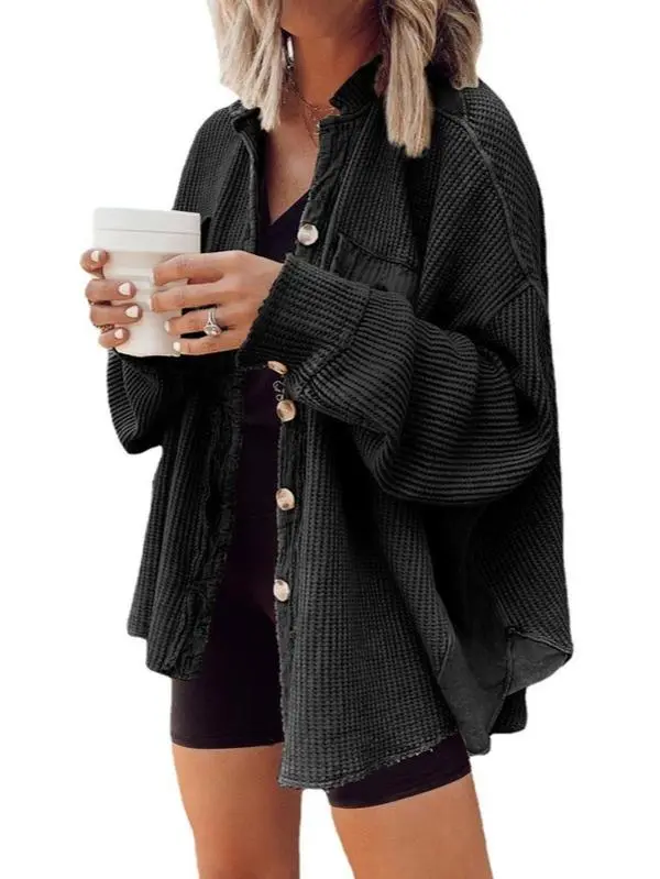 Women’s waffle-knit shirt jacket, casual sporty top with a chest patch pocket; can be worn open as a jacket or buttoned up like a shirt. Available in multiple colors, suitable for going out and street photography, as well as everyday wear.