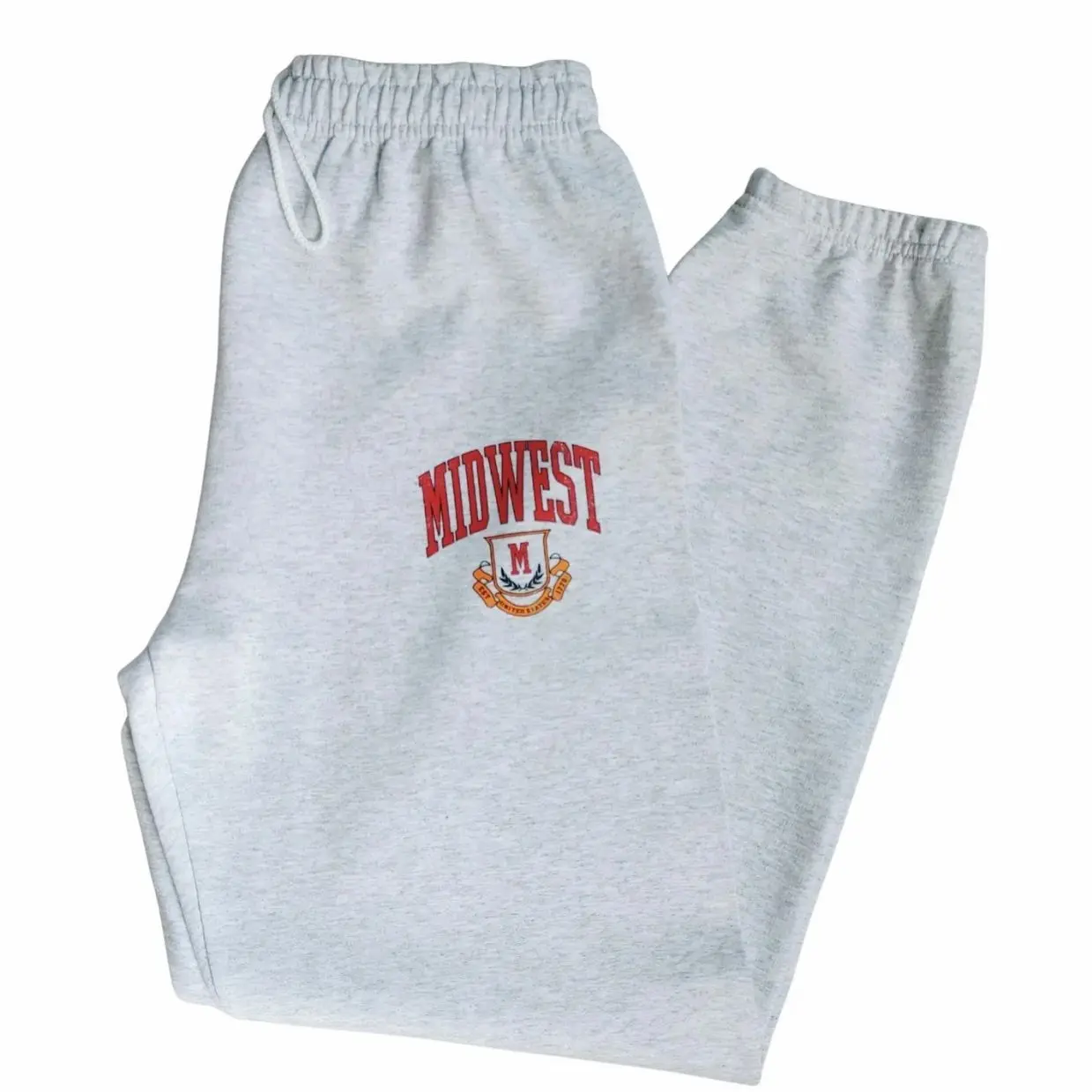 Midwest Logo Sweatpants, Distressed Varsity Joggers, Ash Gray Oversized Gildan Sweatpants, Unisex Drawstring Lounge Pants M
