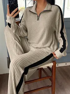 Women's Casual Colorblock Patchwork Half-Zip Long Sleeve Top and Wide Leg Pants Set, Casual Outfits Women, Fit, Fall & Winter Home Wear, Comfortable, Womenswear