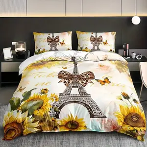 Eiffel Tower Comfort Sheet Set 3-Piece, Boy Children Teen Bedroom Decor, Paris Floral Music Theme Bedding Full Size, Includes 1 Fitted Sheet & 2 Pillowcases