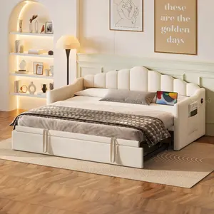 Twin Size Daybed with Adjustable Height Pop Up Trundle Twin Bed and USB & Type-C Charging Port, Upholstered Day Bed Wood Frame with 2 Side Pockets, No Box-Spring Needed, Beige