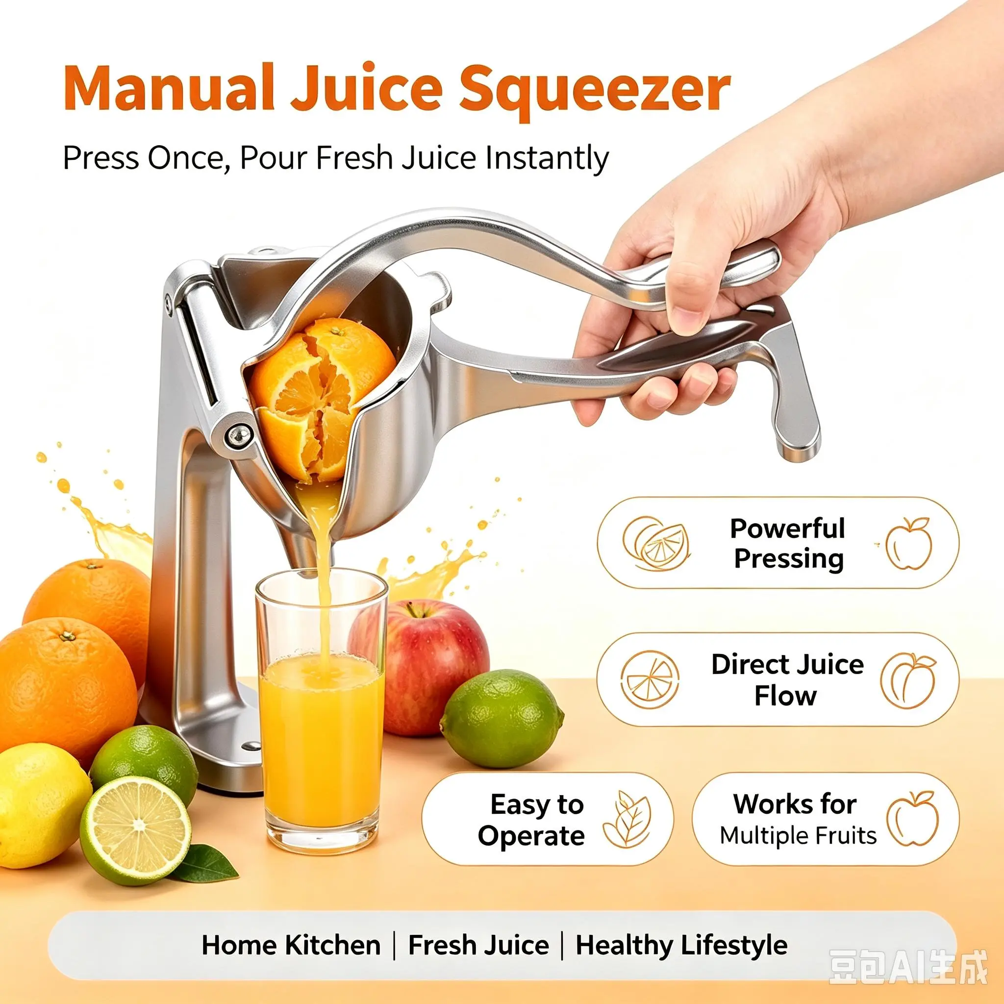 Manual Fruit Juicer, Heavy Duty Aluminum Alloy Hand Squeezer for Orange Lemon Pomegranate