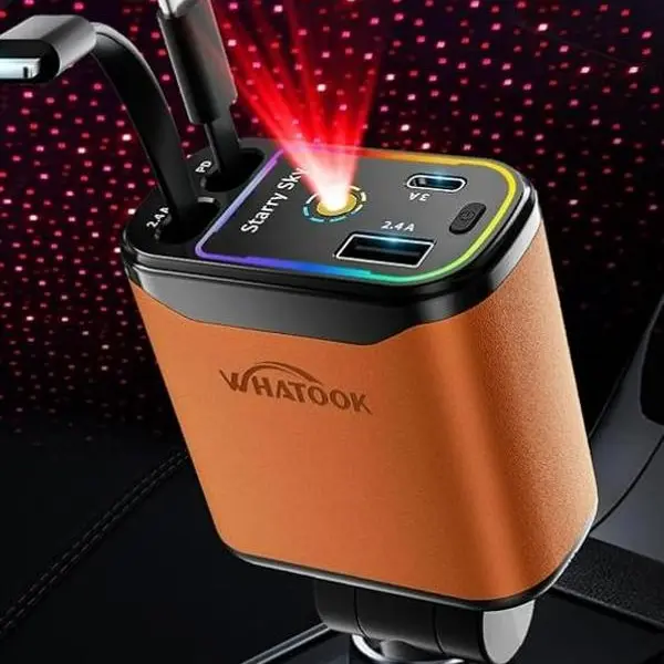 WHATOOK 120W Fast Charging Smart Multi-Port Car Charger - 4-in-1 Retractable, 180-Degree Adjustable, USB-C & 2 USB Ports, 2.6ft (80cm) Collapsible Cable, Compact Auto & Car Interior Accessory for iPhone 15/14/13/12 Pro Max, Galaxy S23, Car Interior Access