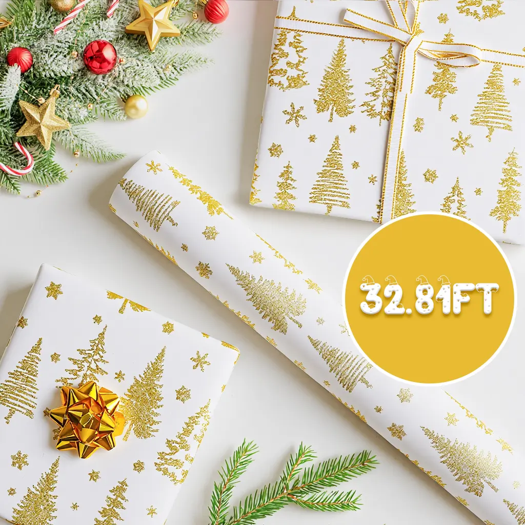Christmas Tree Printed Gold Decorative Tissue Paper, Festive Winter Holiday Gift Wrapping Paper for Xmas DIY Crafts, Gift for Friends, 25 in x 32.81FT