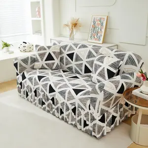 Geometric Pattern Sofa Cover, Stretch Sofa Cover, 1 Count Soft Comfortable Sofa Slipcover with Ruffle Trim, Dustproof Sofa Protector for Home Living Room Hotel Dormitory