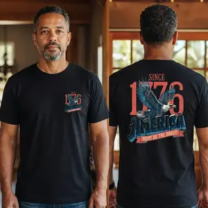 Double Sided Graphic T Shirt, Vintage Distressed Patriotic Eagle 1776 America Tee, Front Back Print Unisex Casual Short Sleeve, 4th of July Independence Day USA Flag Bald Eagle Shirt Gift For Patriots unique festival