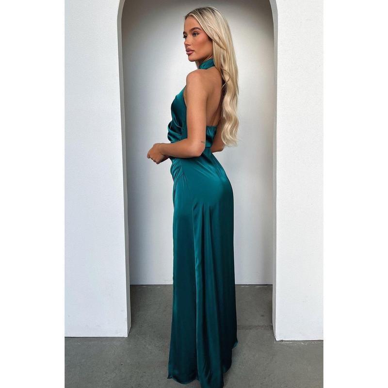 Arabelle High Neck Satin Maxi Dress - Emerald