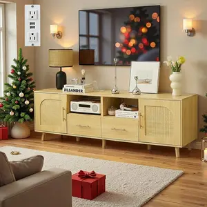 JANFLYHOME 63" Low Profile Modern Fluted TV Stand with Outlet, 2 Drawers, Cabinets & Open Shelves, Minimalist Entertainment Center for 70-Inch TV, Natural Wood Living Room Home Decor Furniture, Entertainment Tv Stand