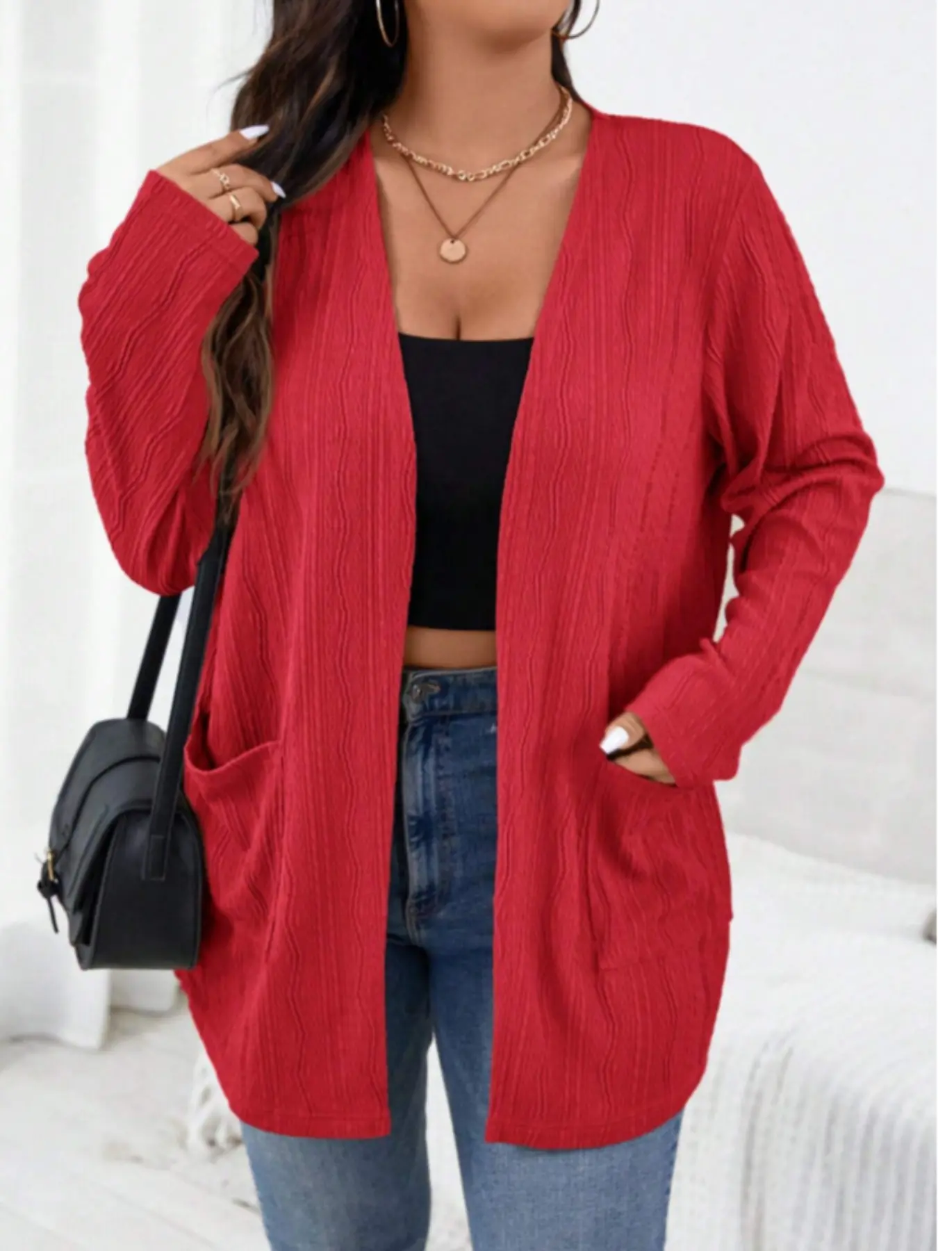 Elegant V-Neck Long Sleeve Cardigan Top Knitwear for Women, Casual Fitted Solid Plain Blouse, Fall & Winter Fashion, Ladies' Daily Wear Womenswear
