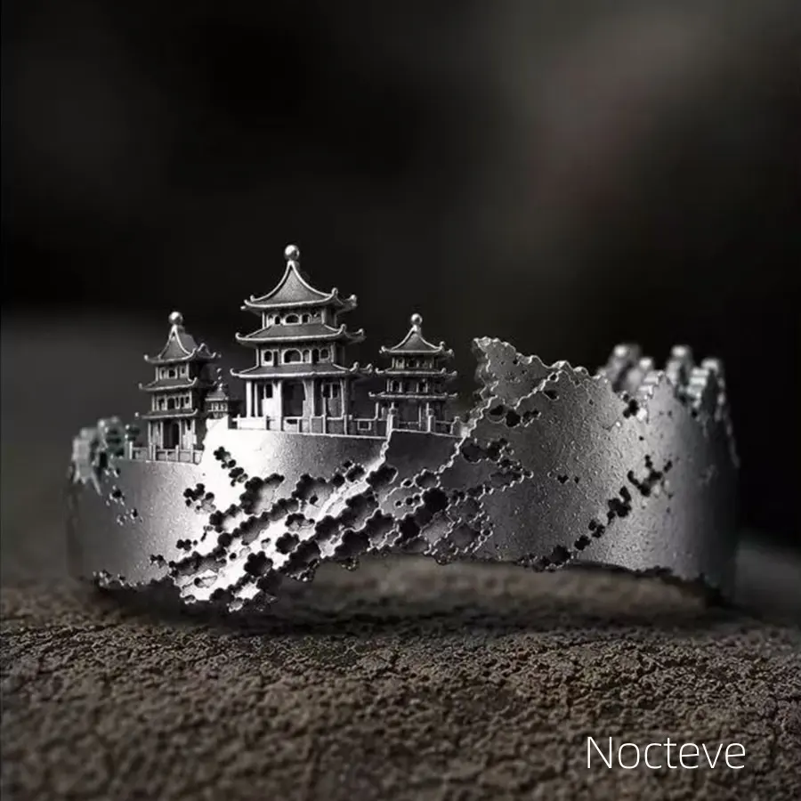 Retro Chinese Style Broken Palace City Wall Open Ring, Antique Aged Unisex Adjustable Index Band for Hanfu Travel Daily Wear