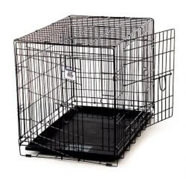 WCMED Medium Black Double Door Collapsible Wire Pet Crate, 30x21x24 in, Ideal for Dog & Cat Training and Travel