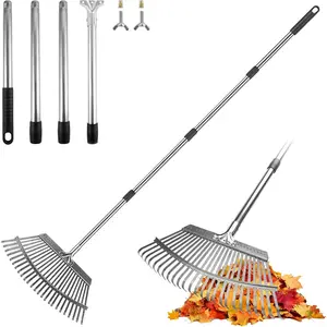 Adjustable Leaf Rake, 18-Inch Wide Heavy Duty Garden Rake with 62-Inch Long Handle, Large Metal Leaf Rake for Lawn Yard Grass, Flower Beds, Outdoor Use, Rastrillo para Jardin