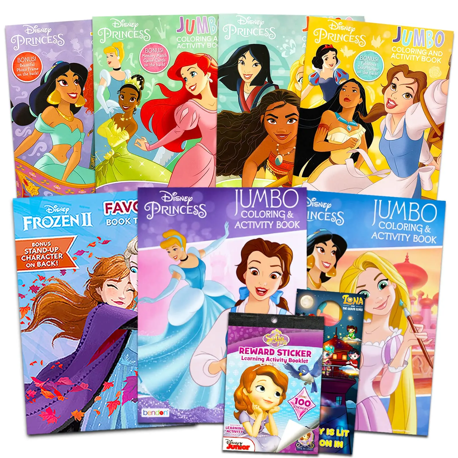 Disney Princess Coloring Book Set - Bundle of 7 Jumbo Activity Books, Stickers, Games, More | Featuring Cinderella, Elsa, Anna, Rapunzel, Moana, More, Paperback