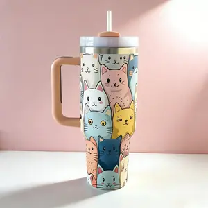 1PC, 40oz Car Mug, Double-Layer Stainless Steel Vacuum Insulation, With A Cute Cat Pattern Painted On The Outside, Suitable For Home And. It Can Be Given As A Gift To Family And Friends.