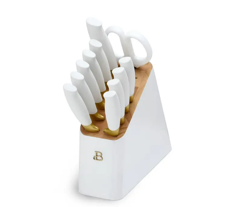 Beautiful 12 Piece Knife Block Set with Soft-Grip Ergonomic Handles White and Gold by Drew Barrymore