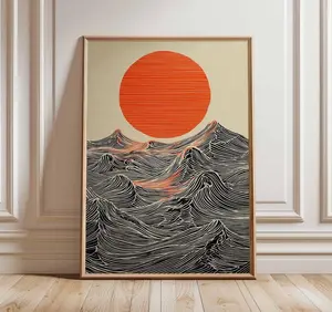 [SALE UP TO 50% + FREE SHIP]   Sun and Waves Wall Art Print – Modern Minimalist Ocean Poster, Abstract Japanese Style Artwork
