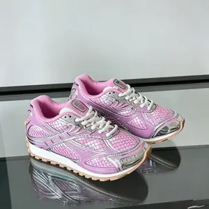 Women's Pink Silver Mesh Dad Shoes Metallic Accent Retro Style Gum Sole Non-Slip Casual Walking Shoes Barbiecore pink metallic dad shoe Retro chunky gum sole sneakers Pink silver color block shoes