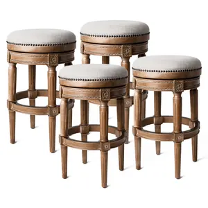 Maven Lane Pullman Backless Bar Stool in Weathered Oak Finish w/ Sand Color Fabric Upholstery, Set of 4