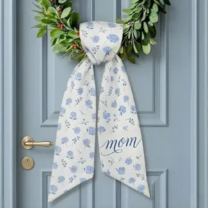 Mother's Day Wreath Sash Door, Mom Floral Wreath Sash, Blue Floral Door Wreath Bow, Mother's Day Front Door Decor, Spring Wreath Ribbon
