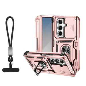 360°Rotat Metal Car Holder Ring Solid Color Armor Lanyard Push Pull Lens Protection Phone Case For Samsung Galaxy Z Fold 7 6 5 4