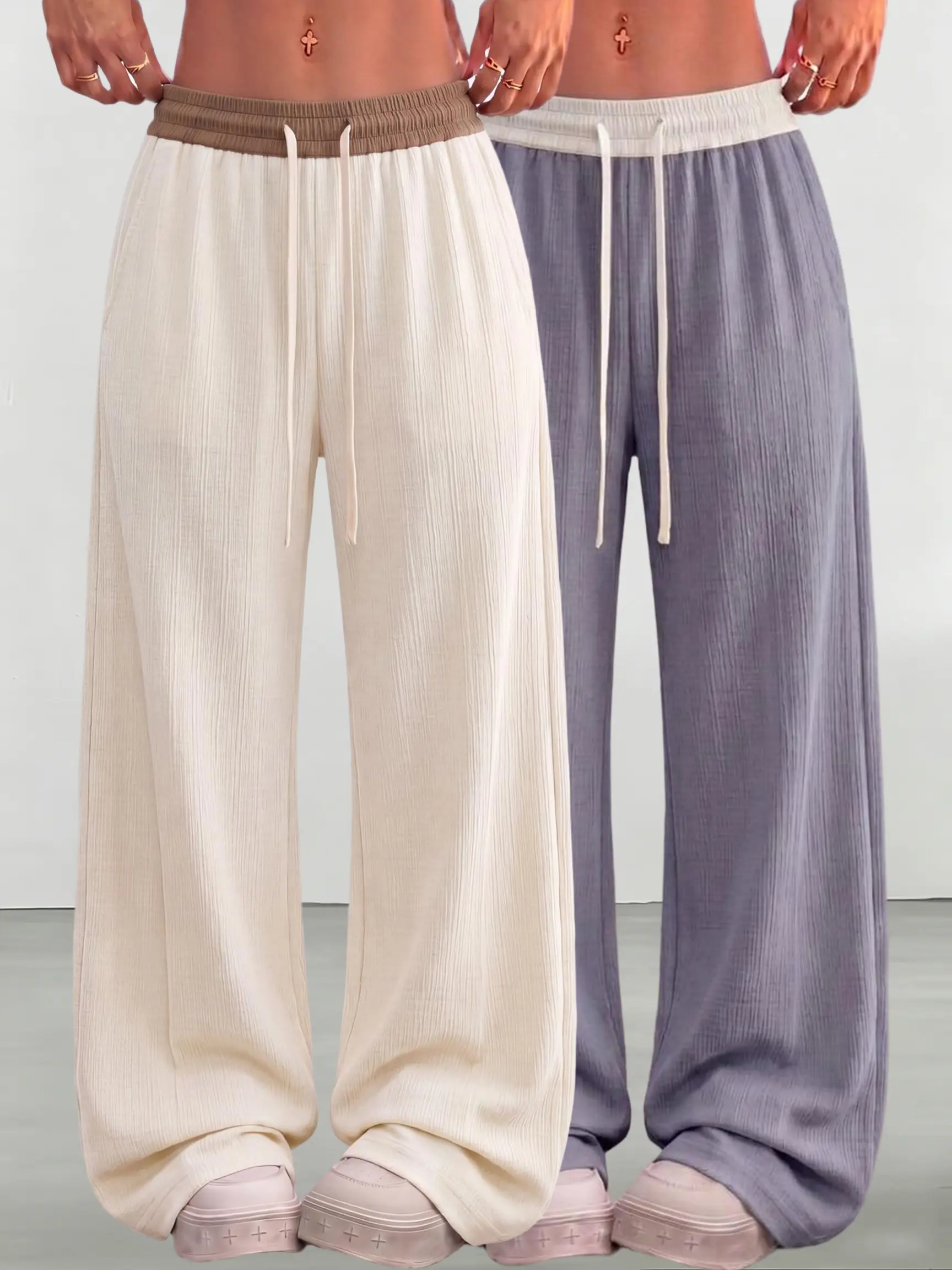 2-Pack Drapey Textured Wide-Leg Casual Pants for Women — Elastic Drawstring Waistband, Relaxed Fit, Versatile for Commuting and Loungewear