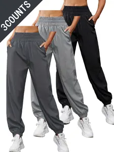 Women's High Waist Quick-Dry Running Pants, Jogging Pants, Elastic Waistband & Cuffs, Loose Fit Joggers, Ideal for Sports Wear, Pack of 3