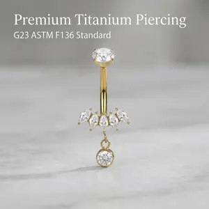 G23 ASTM F136 Titanium Internally Threaded Marquise CZ Dangle Belly Button Ring - Hypoallergenic Navel Piercing Jewelry