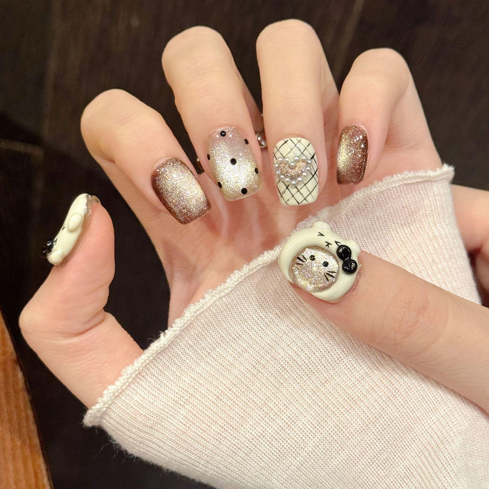【Lucy UU】Cute Cat Eye Sweet French Baddie Press On Nails Brown Bow Short Coffin Shape Handmade Reusable