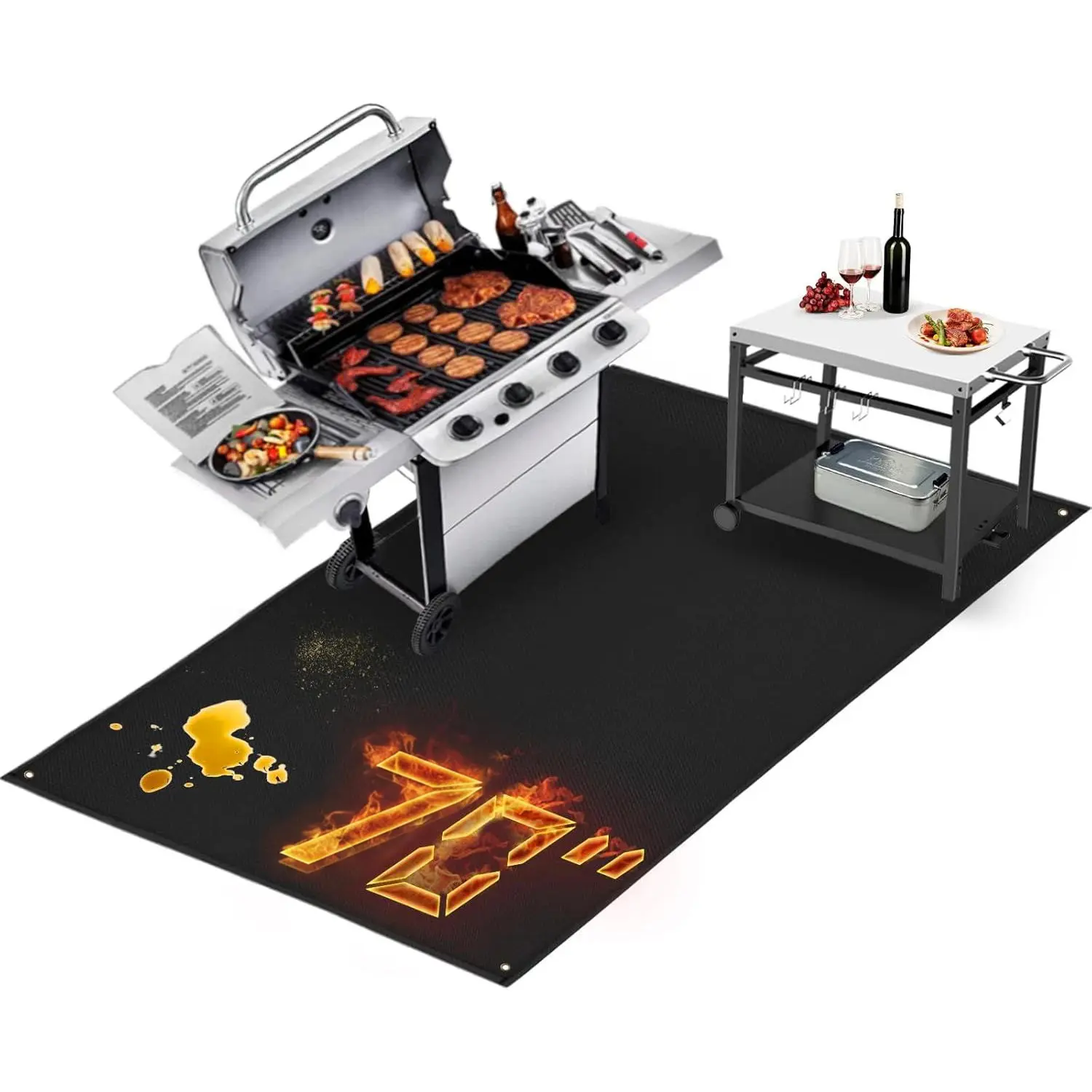 Fireproof Mat - 70x40in Rectangular Heavy-Duty Anti-Curl, Waterproof, Oil-Proof Floor Protector with Stakes & Storage Bag for Patio, Backyard, Charcoal Grilling Barbecue Accessories, Outdoor Grill Accessories, BBQ Fire Pit