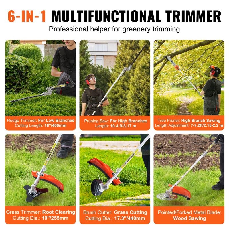 VEVOR  6-in-1 Multi-Functional Trimming Tools with Gas Hedge Trimmer,  , Weed Eater, String Trimmer, Brush Cutter, Edger & Pole Saw Chainsaw Pruner Whacker Shoulder VEVOR Super Brand Day