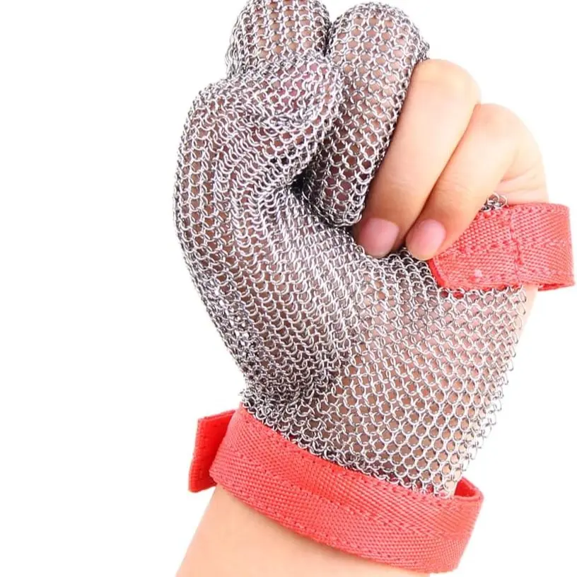 3-Finger Chainmail Glove, Stainless Steel Metal Cut Resistant Glove with Strap (3-Finger, Small (Pack of 1))