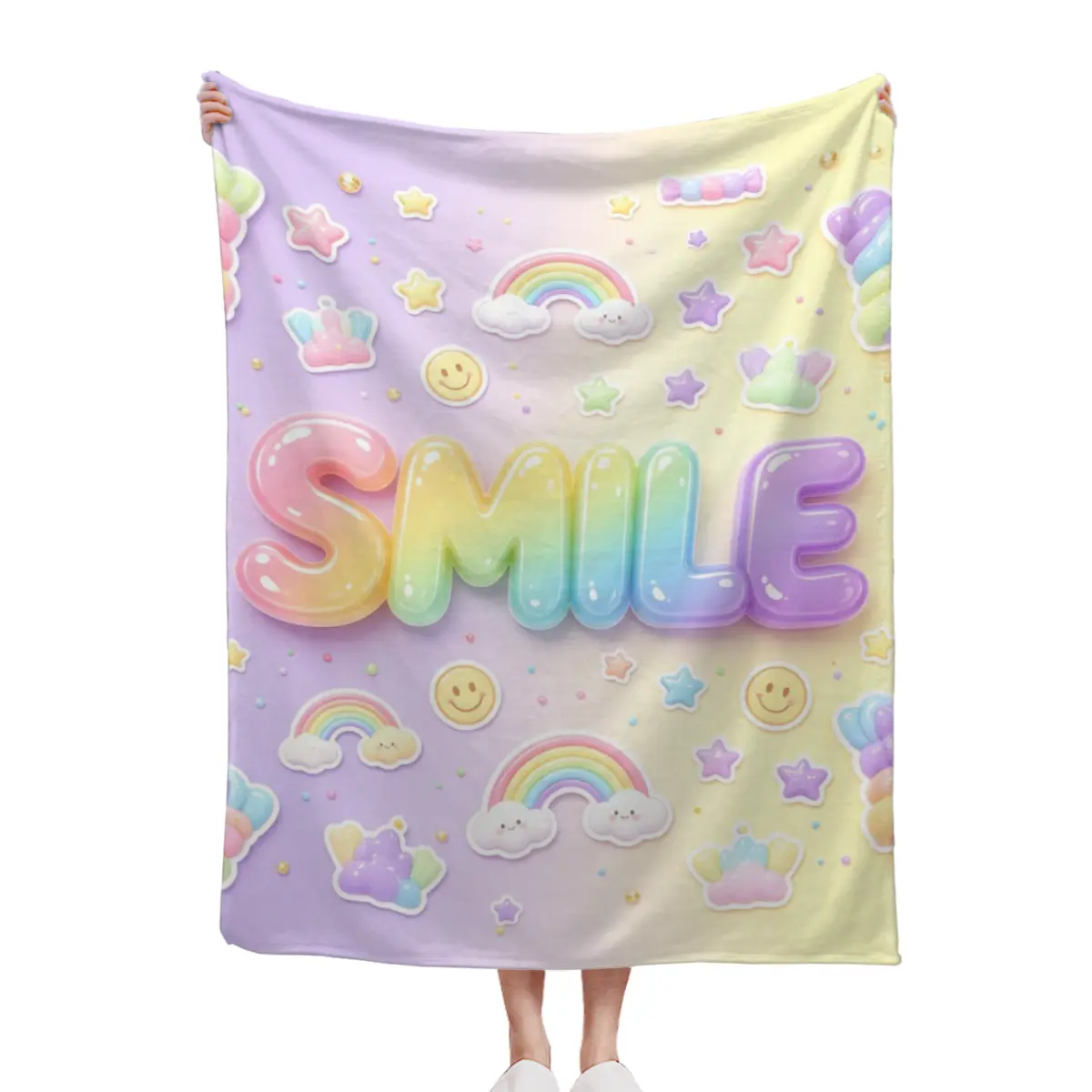 Cute Smile Rainbow Cloud Blanket Pastel Aesthetic Soft Fleece Throw Blanket Kawaii Colorful Home Decor For Girls