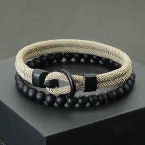 Fashion Mens Bracelet Set Lucky Thread Wrap Braclet Meditation Onyx Stone Beads Braslet Hombre Hand Accessories Fabric Jewelry