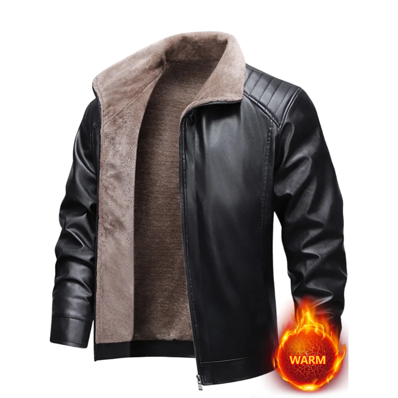 Men's Fitted Faux Leather Long-Sleeve Jacket - Fleece-Lined, Casual, Comfy, Stylish Plain Cold Weather Menswear Coat