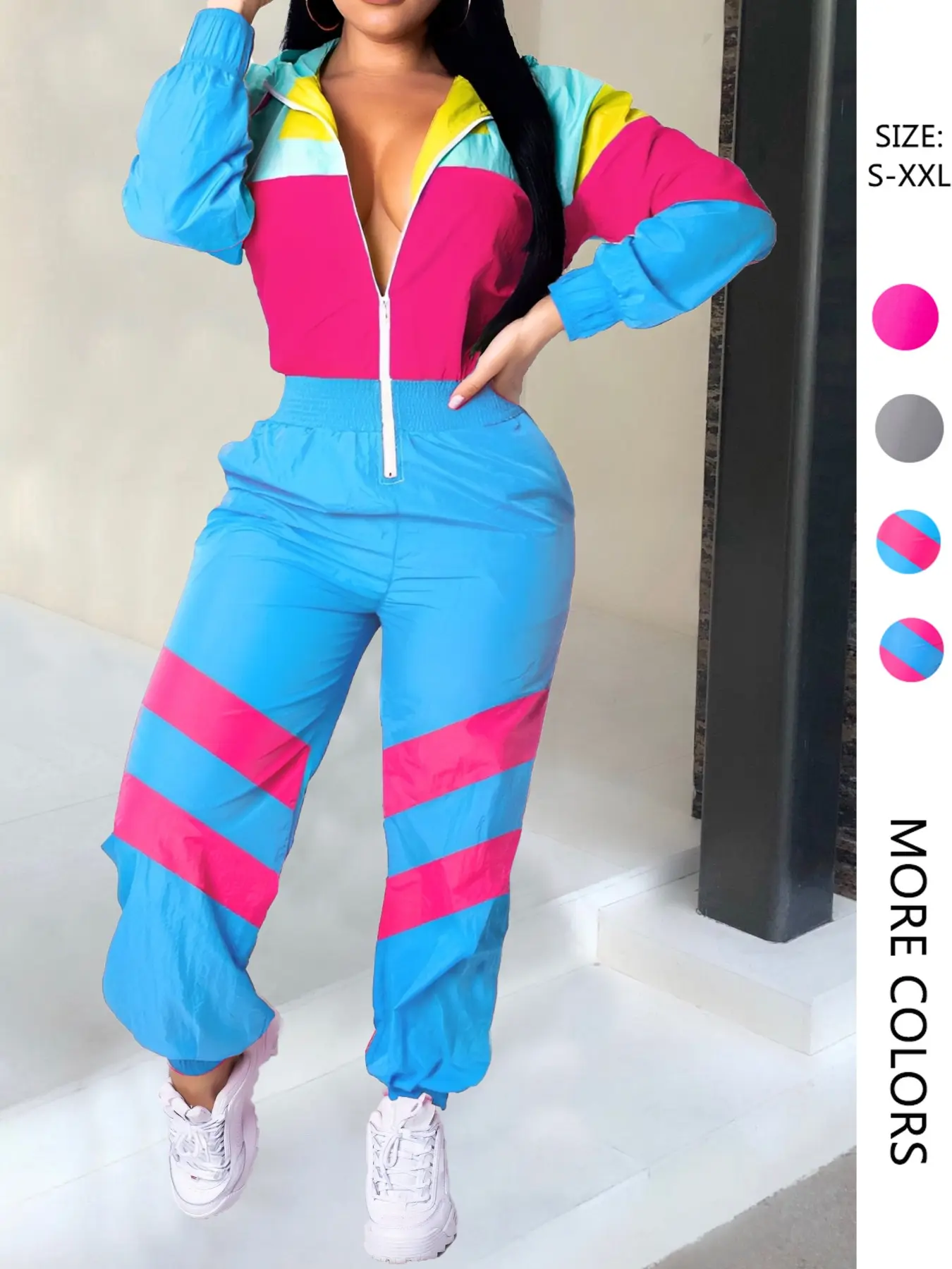 halloween costume ideas Women's Garment Colorblock Hooded Windbreaker Jumpsuit Outfit, Casual Sporty Fitted Spring, Lightweight Thin Fabric, Zipper Pocket Design