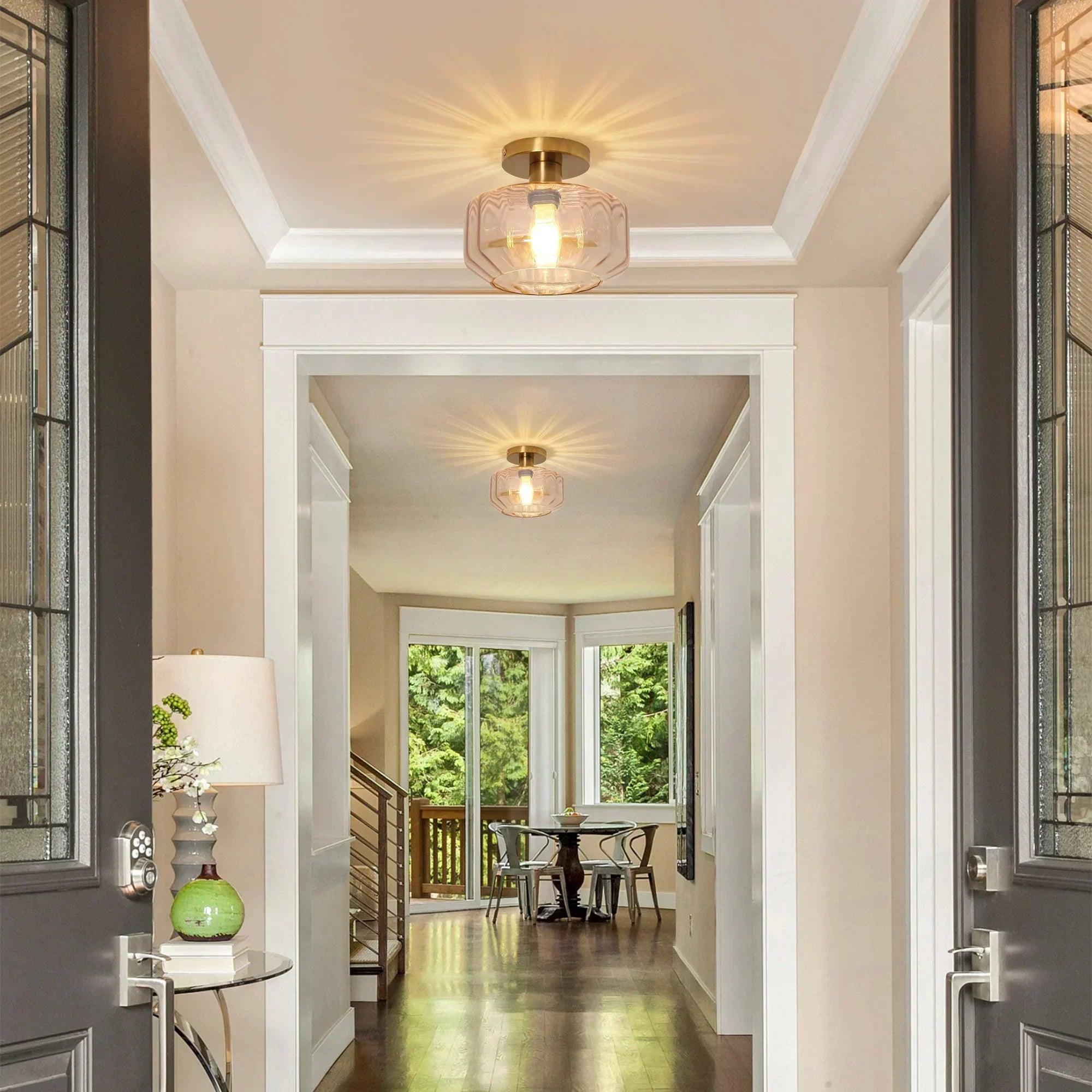 Modern Gold Semi-Flush Mount Ceiling Light | 9" Gerald Rippled Glass Lighting Fixture