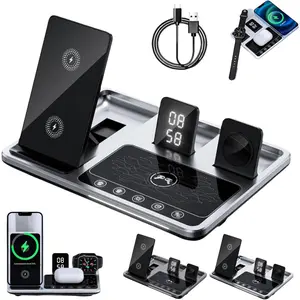 4 in 1 Alarm Clock Wireless Charger Stand, Fast Charging Charging Station for iPhone/Samsung/Android/Apple Watch/Airpods 3 Pro (Silver Black)