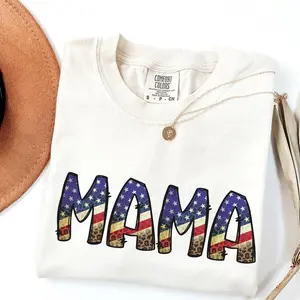 Comfort Colors Patriotic Mama T-Shirt, USA Flag Leopard Print Tee, 4th of July Graphic Shirt for Women, Vintage Style Independence Day Outfit - AMBER