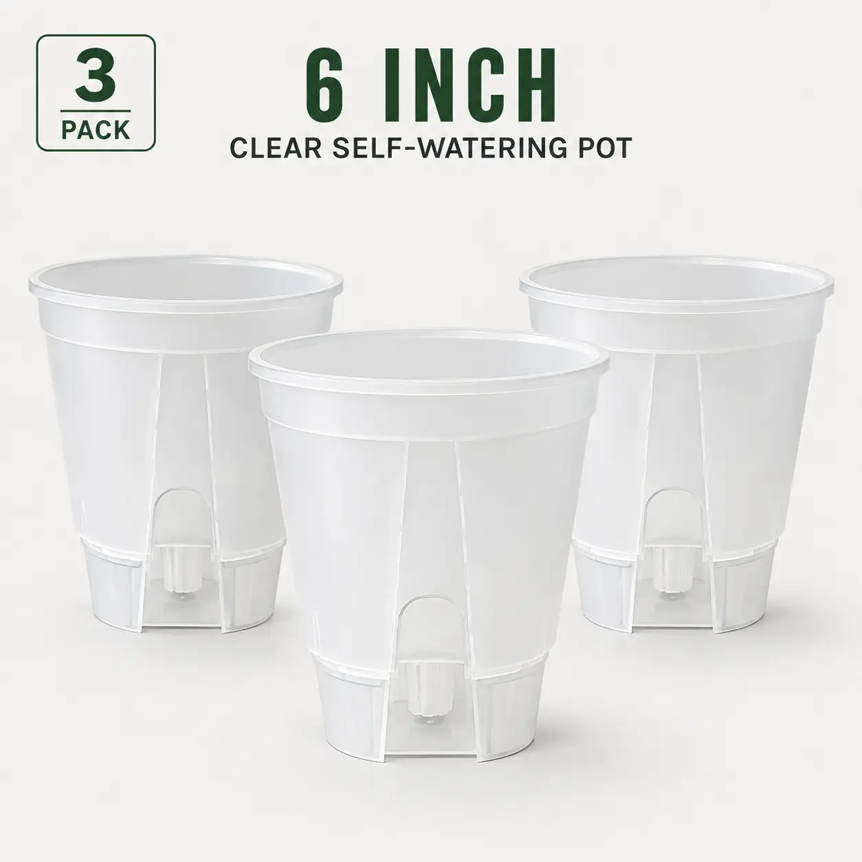 6-Inch Transparent Self-Watering Pots, 3 Pack – Clear Indoor Houseplant Planters with Snap-On Reservoir Bases | Happy Houseplant Haven