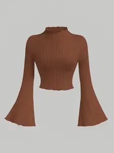 Elegant Slim-Fit Knitted Top, Comfortable Elastic Bell Sleeves, Casual Office Wear, All Seasons, Plain Design, Daily