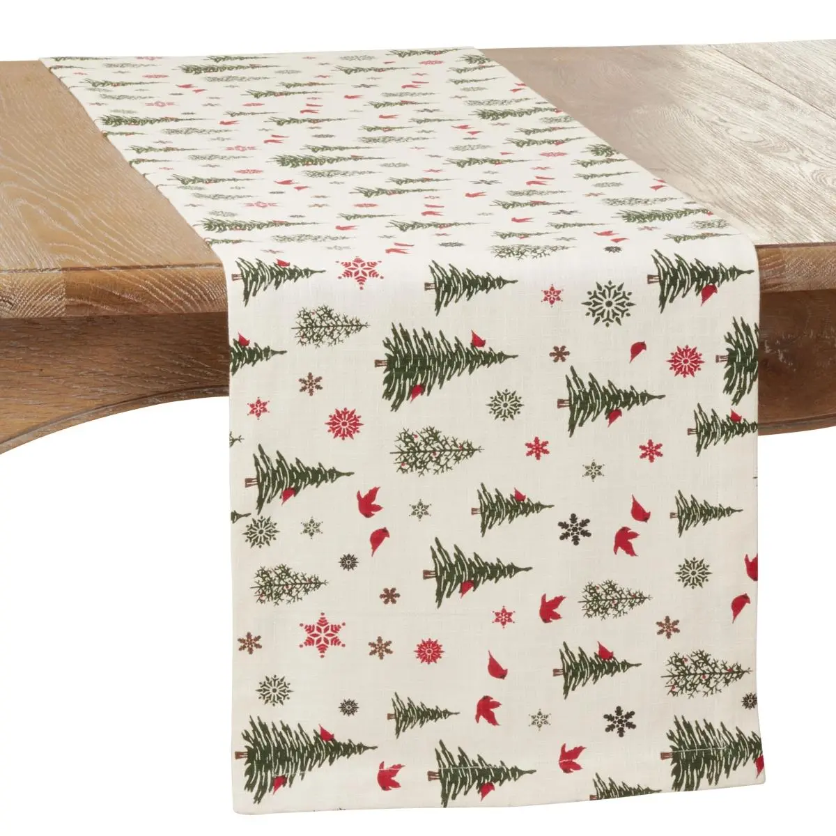 SARO Cotton Christmas Tree & Snowflakes Festive Table Runner - 14x72 in Oblong Ivory Machine Washable 1-Piece Kitchen Linen, Decor for Dinner Table with Care Instructions, Festive Runners