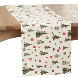 SARO  14 x 72 in. Oblong Ivory Christmas Tree & Snowflakes Table Runner