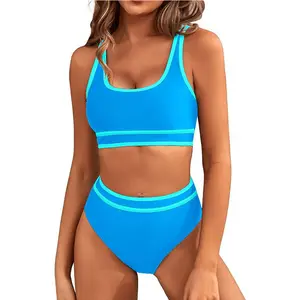 EncoLax Women's High Waisted Bikini Sets Sporty Two Piece Swimsuits Color Block Cheeky High Cut Bathing Suits