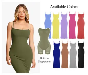 Popilush  Sexy Bodycon Dress Spaghetti Strap Shapewear Tummy Control Soft Fabric Maxi Midi Min Fit Ribbed